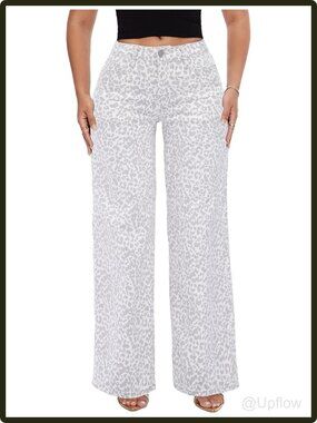 Women's Wide Leg Baggy Jeans Stretchy Tummy Control Mid Rise Denim Pants White